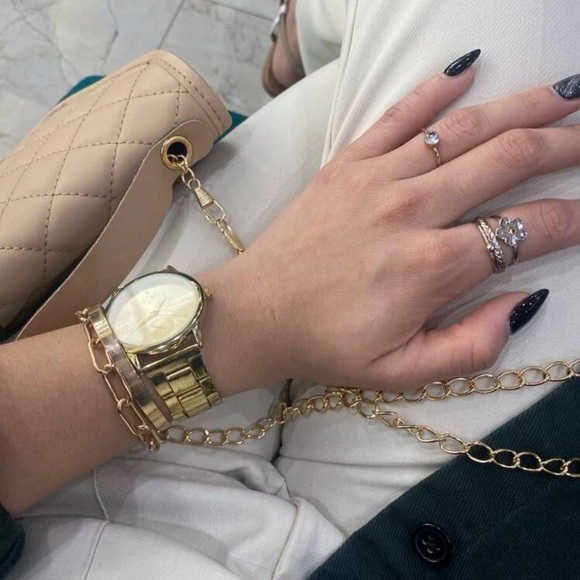 New Luxury Gold Unisex Minimalist Round Pointer Quartz Made Chain Link Watch - Picture 12 of 15